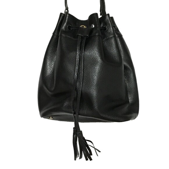 C Wonder Bucket Shopper Drawstring Tote Bag Shoulder Bag Black Pebbled Leather - Picture 4 of 16